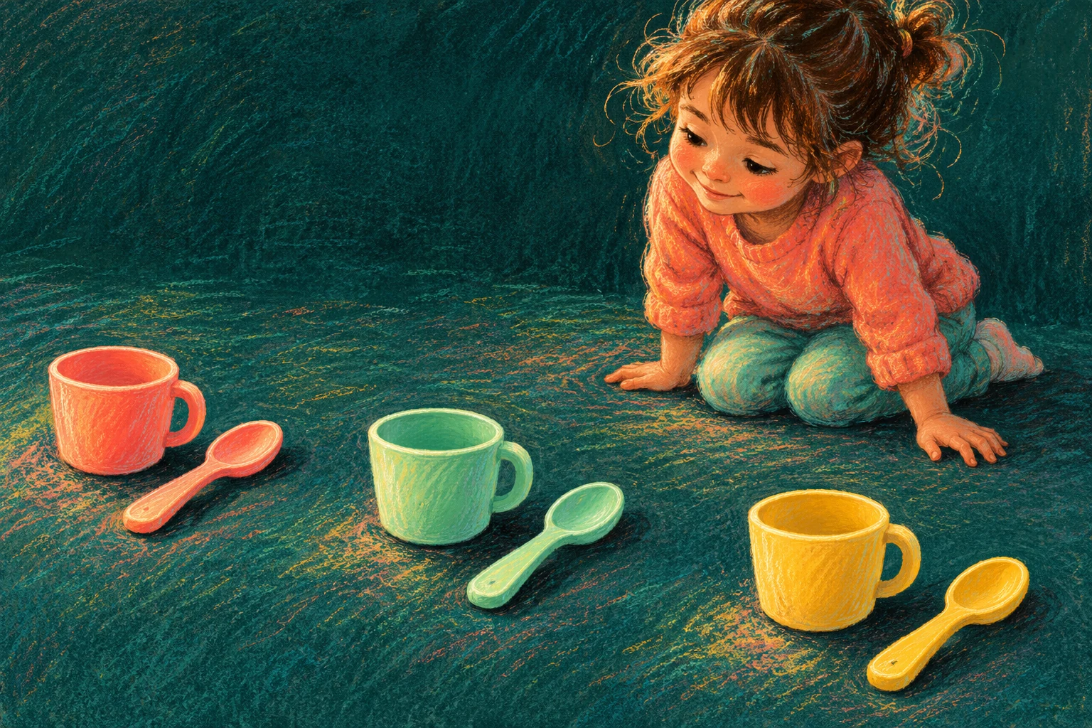 A child kneels at the upper right behind three cups, each with one spoon beside it on a dark teal surface.