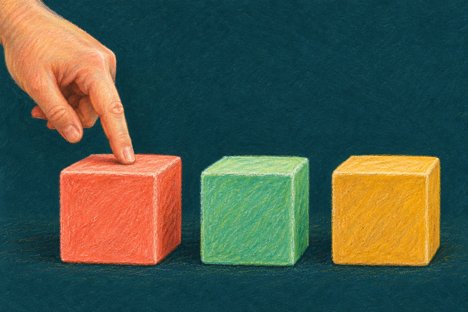 Attend to one object at a time while counting An adult index finger touches the left coral block in a row of three large blocks, with mint and ochre blocks still unobstructed.