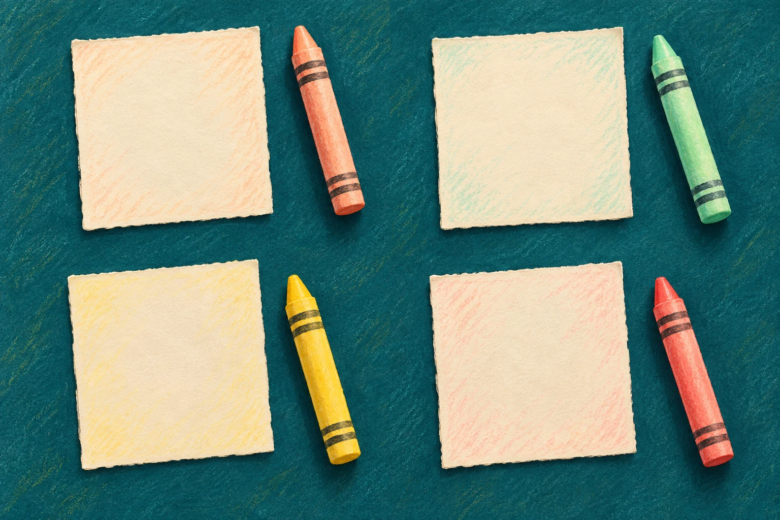 Use one crayon beside each paper Four pale paper squares have faint coloured texture, with one thick crayon beside each square in a two-by-two arrangement.