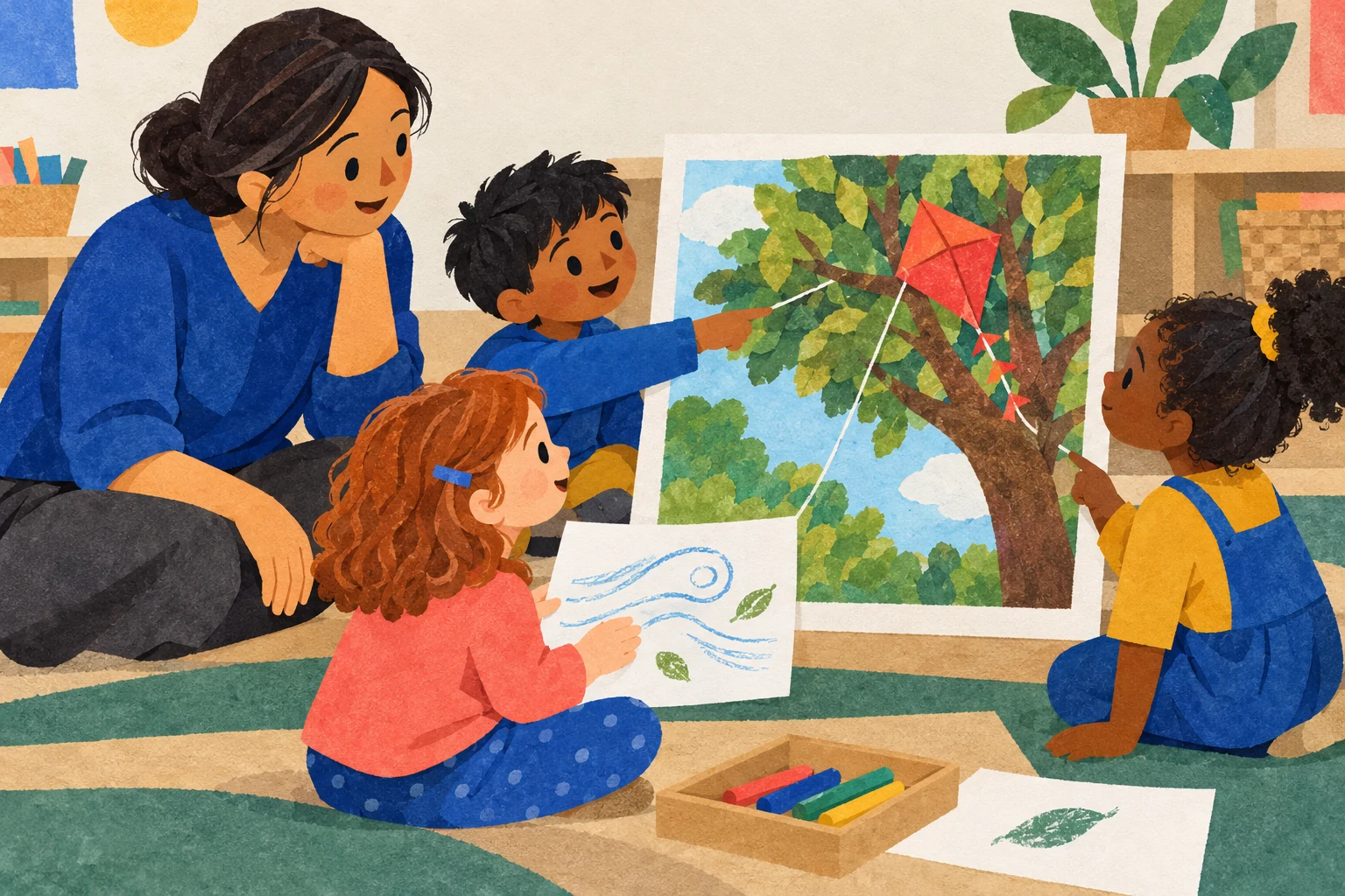 An educator listens while three children discuss a kite in a tree and share different interpretations.