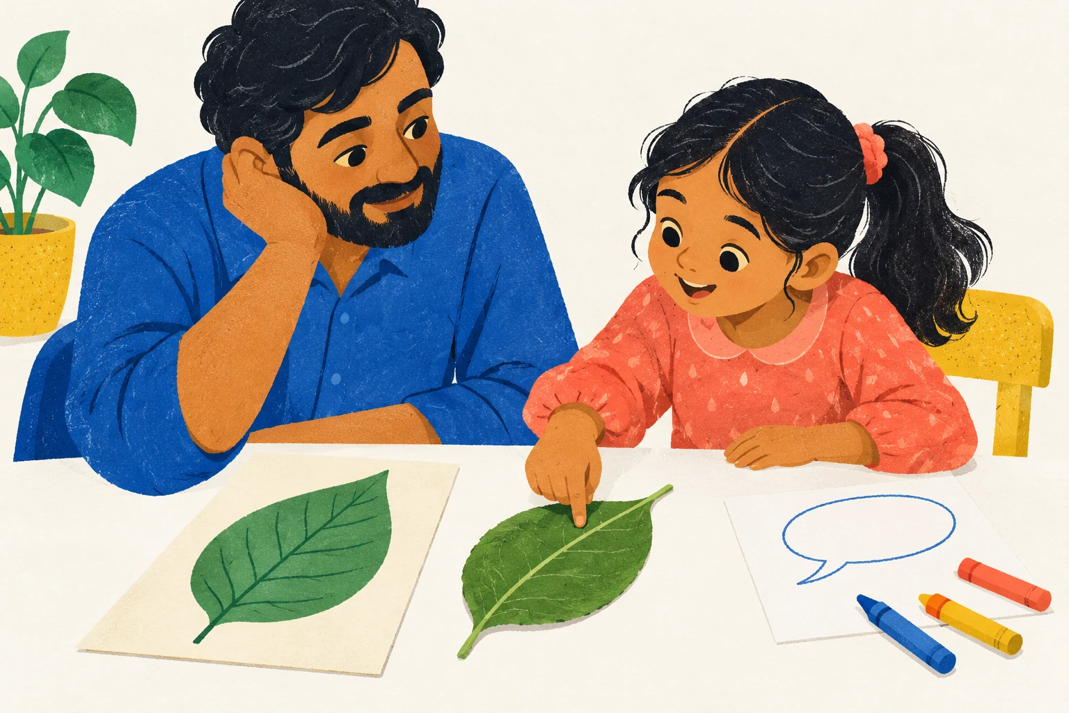 A father listens as his daughter compares a green leaf with an illustrated leaf card.