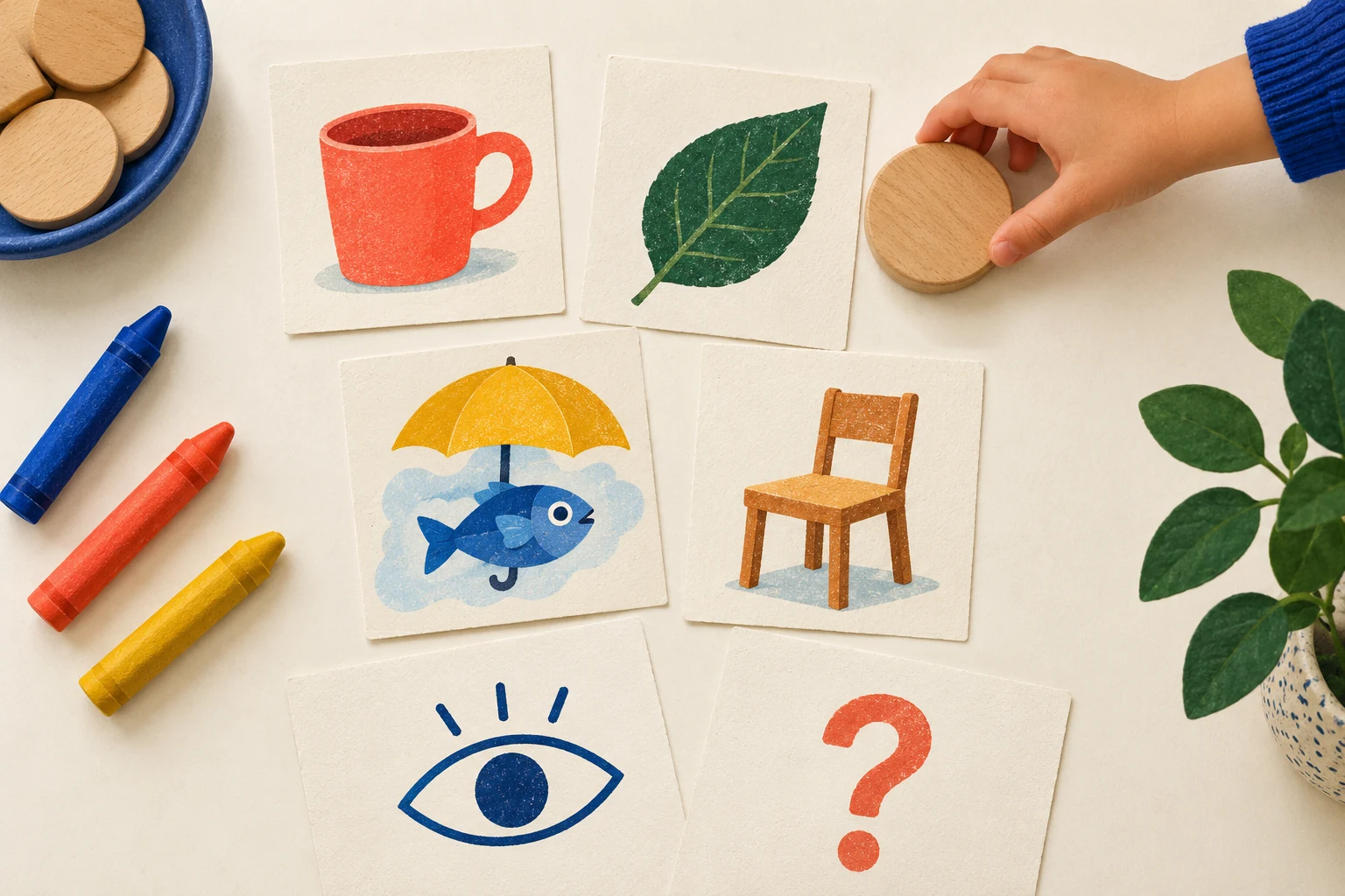Illustrated cup, leaf, fantasy fish, and chair cards sit beside an eye symbol and a question mark.