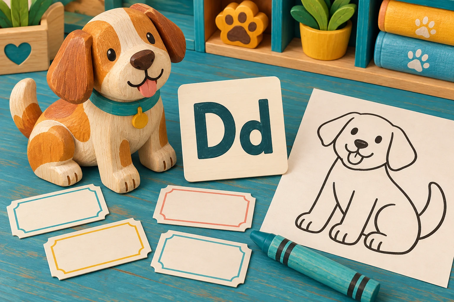 Offer models beside room for invention A wooden toy dog sits beside a Dd card, a simple dog outline, blank tickets and a broad teal crayon.