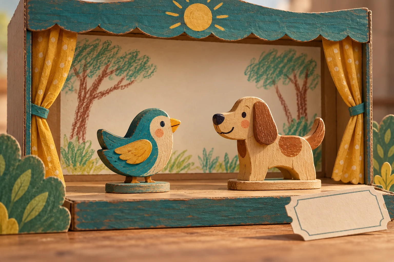 Leave the next event for the storytellers A wooden bird and dog stand in a small cardboard theatre with a paper backdrop and a blank ticket nearby.
