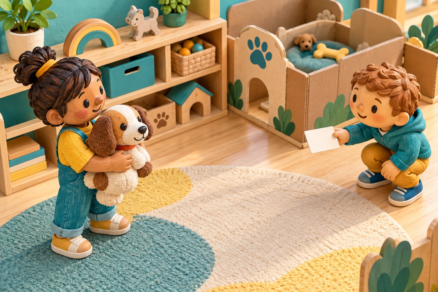Give a paper ticket a job in the story A wooden miniature child stands at the left holding a toy dog while another crouches at the right offering a blank ticket.