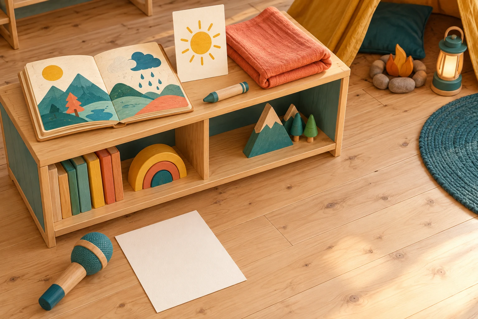 Keep a few versatile props available A low shelf holds a picture book, sun card and folded cloth, with blank paper and a large toy microphone on the floor.