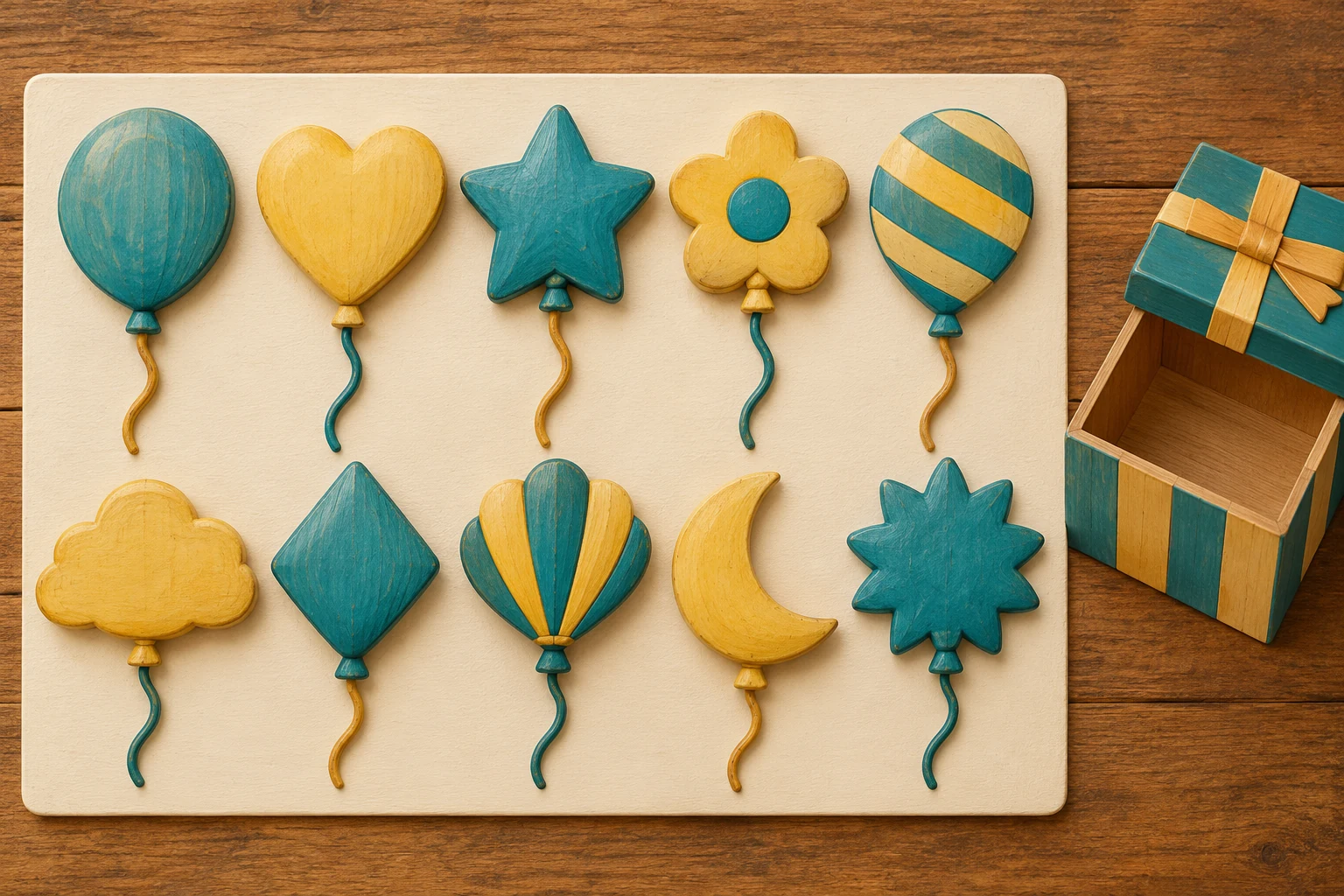 Count decorations for a plan the children choose Ten wooden balloon shapes sit in two rows of five on a cream mat beside an empty gift box.