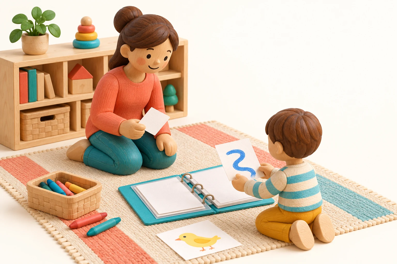 A parent kneels at the upper left of a rug while a child at the lower right holds a blue curved-line card beside an open turquoise binder.