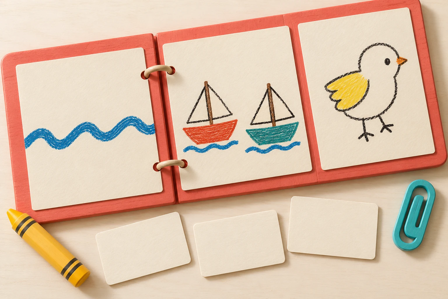 An open coral folder displays a blue wavy line, two sailboat drawings and a partly yellow chick, with three blank note cards below.