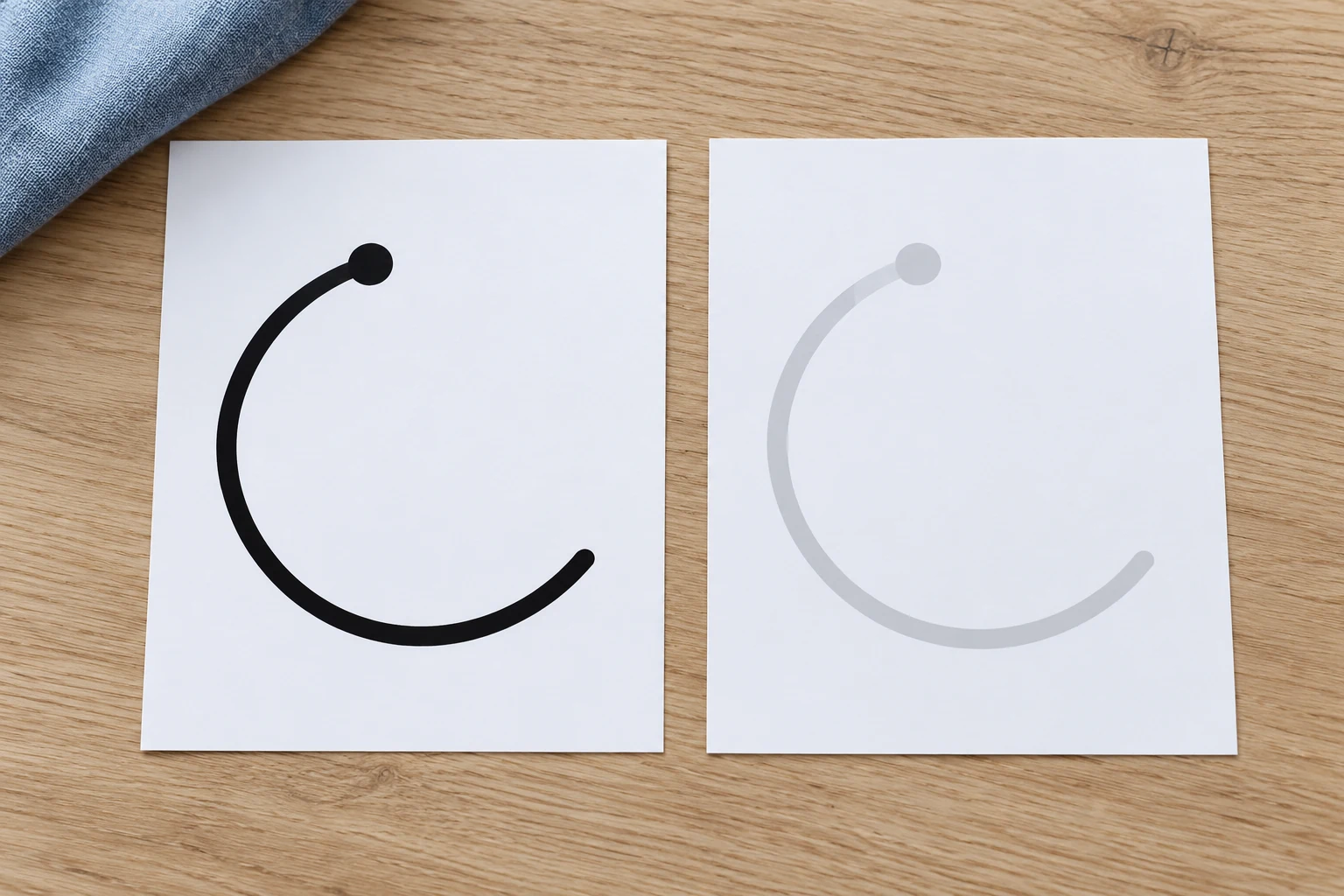 Inspect guide visibility on a test copy Two white cards show the same open curve and starting dot, one in bold black and one in faint grey.