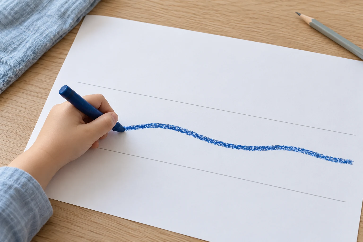 Match the marking space with the proposed tool A child’s hand at lower left draws a broad blue crayon line between widely spaced guides on white paper.