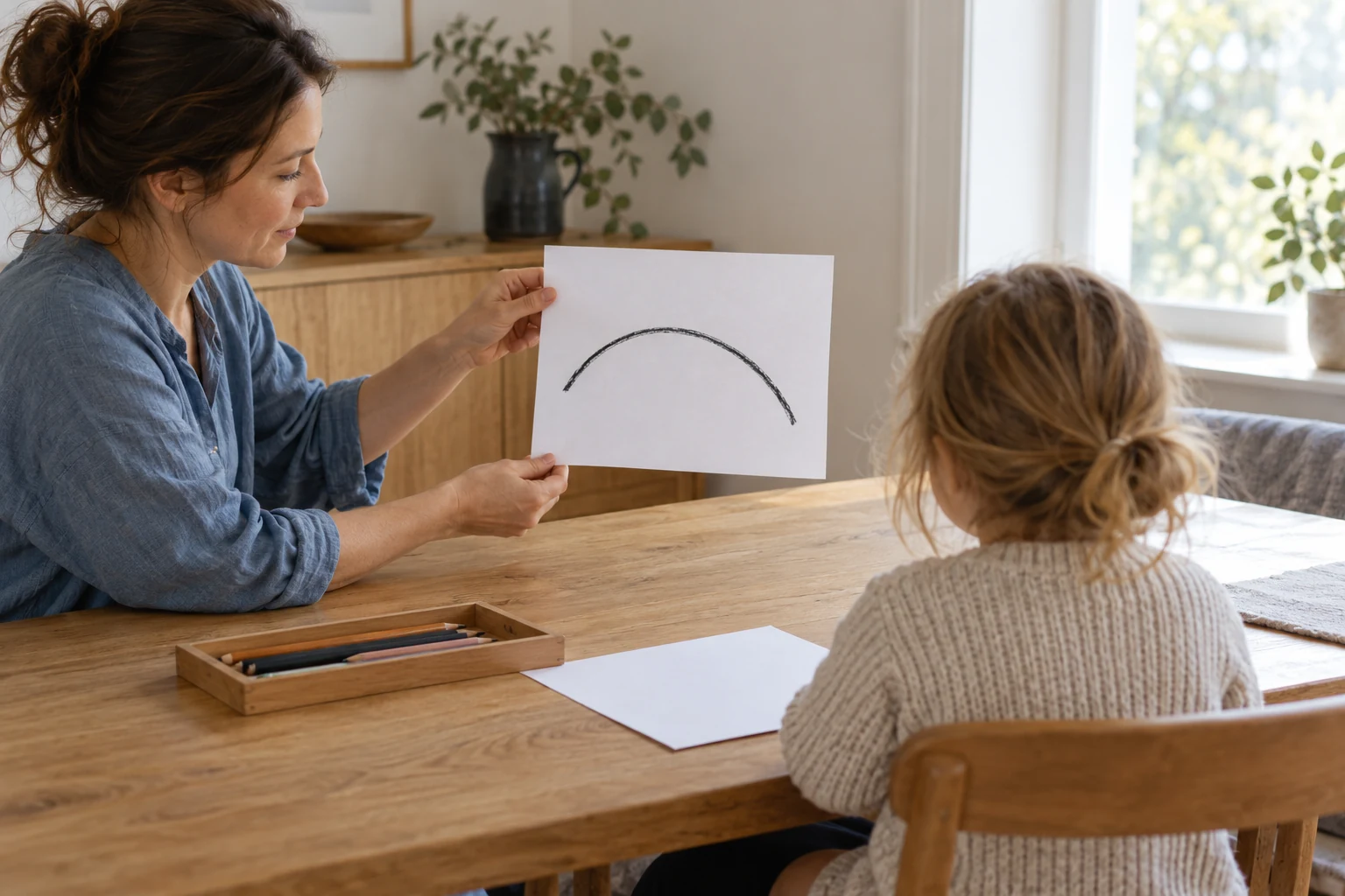 An adult at the left holds a paper with one broad curved line while a child at centre-right looks towards it from a table.
