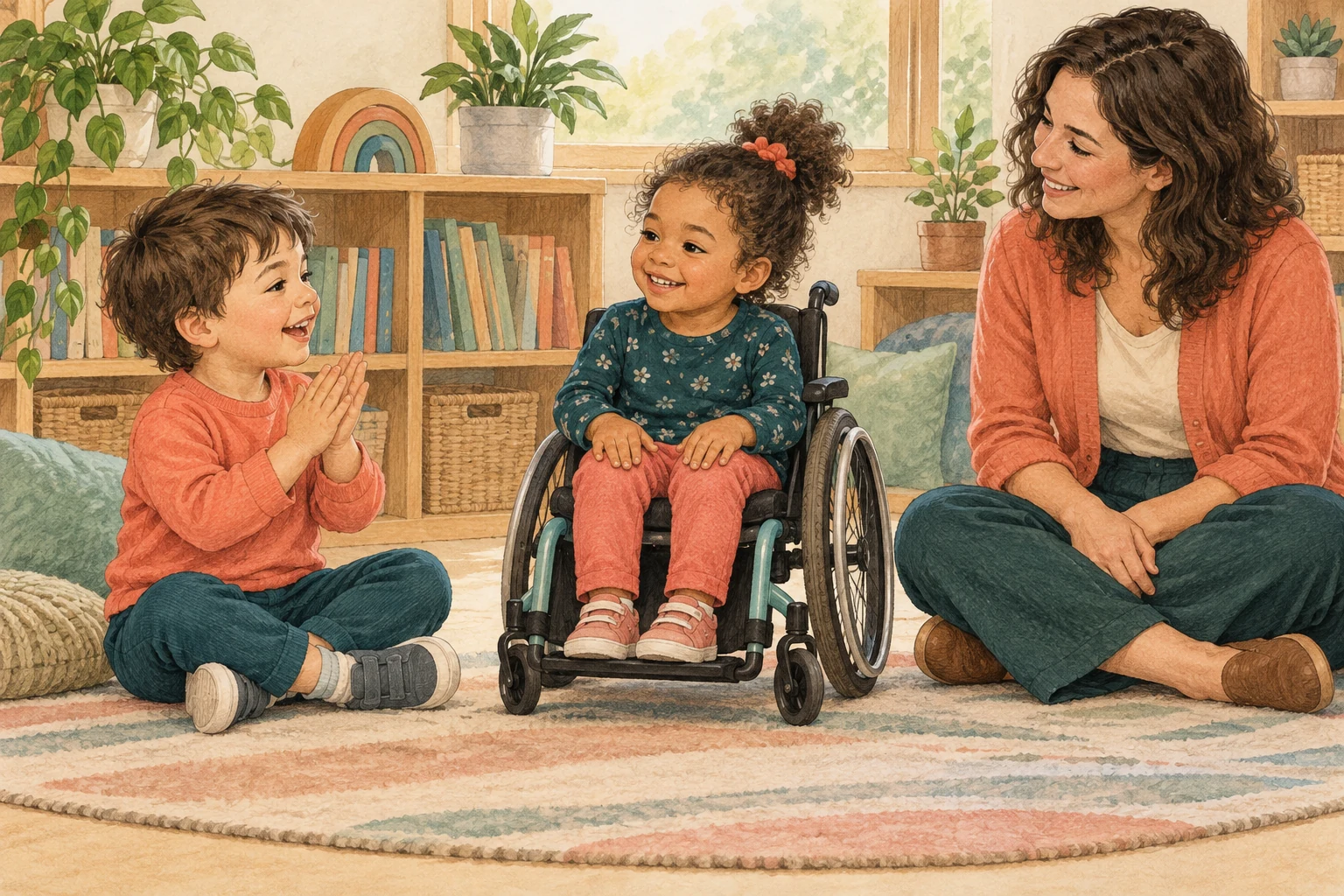 One seated child claps while a partner in a wheelchair rests her hands on her knees, with a teacher nearby.