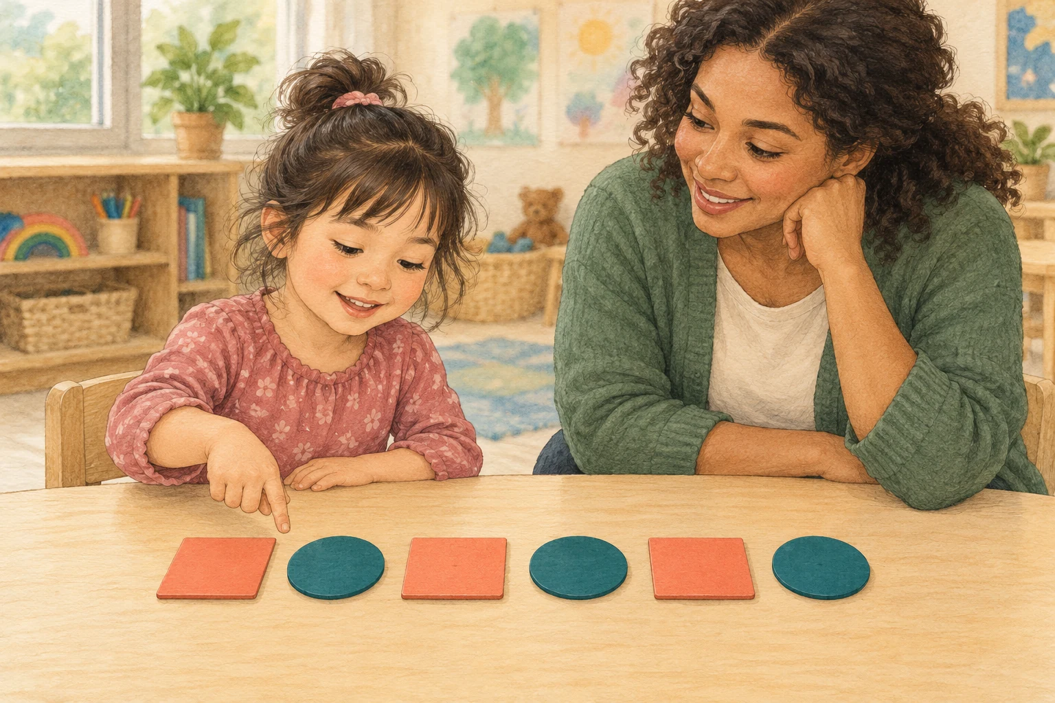 A girl points to a row of alternating coral squares and teal circles while an adult listens.