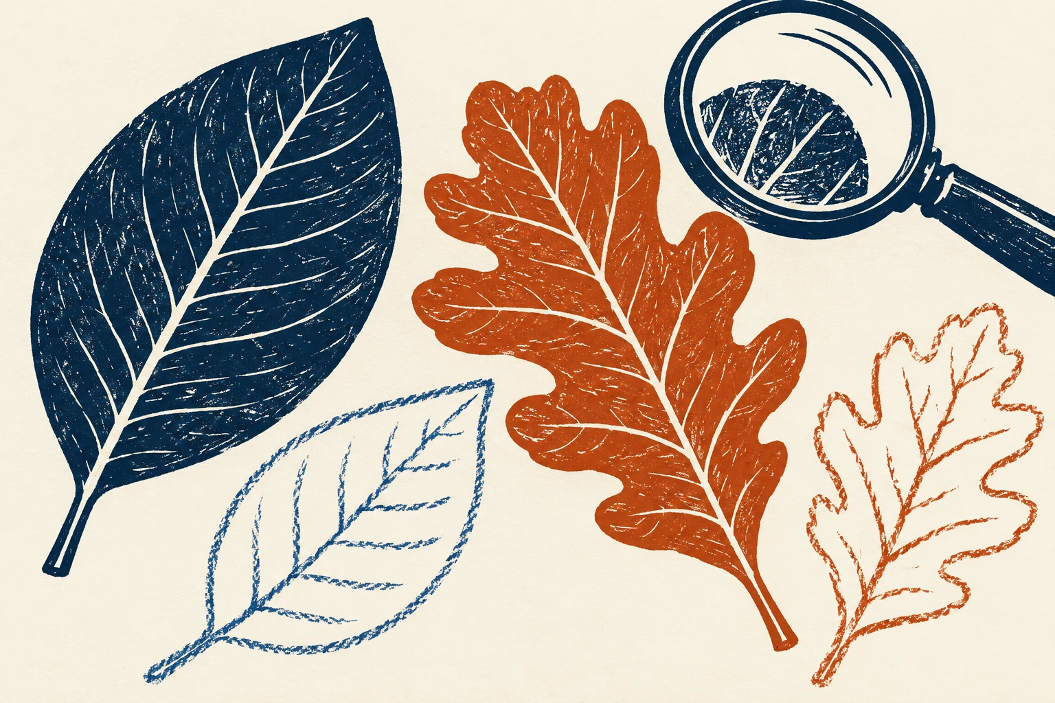 A smooth-edged blue leaf and lobed orange leaf appear beside matching outline sketches and a magnifying glass.