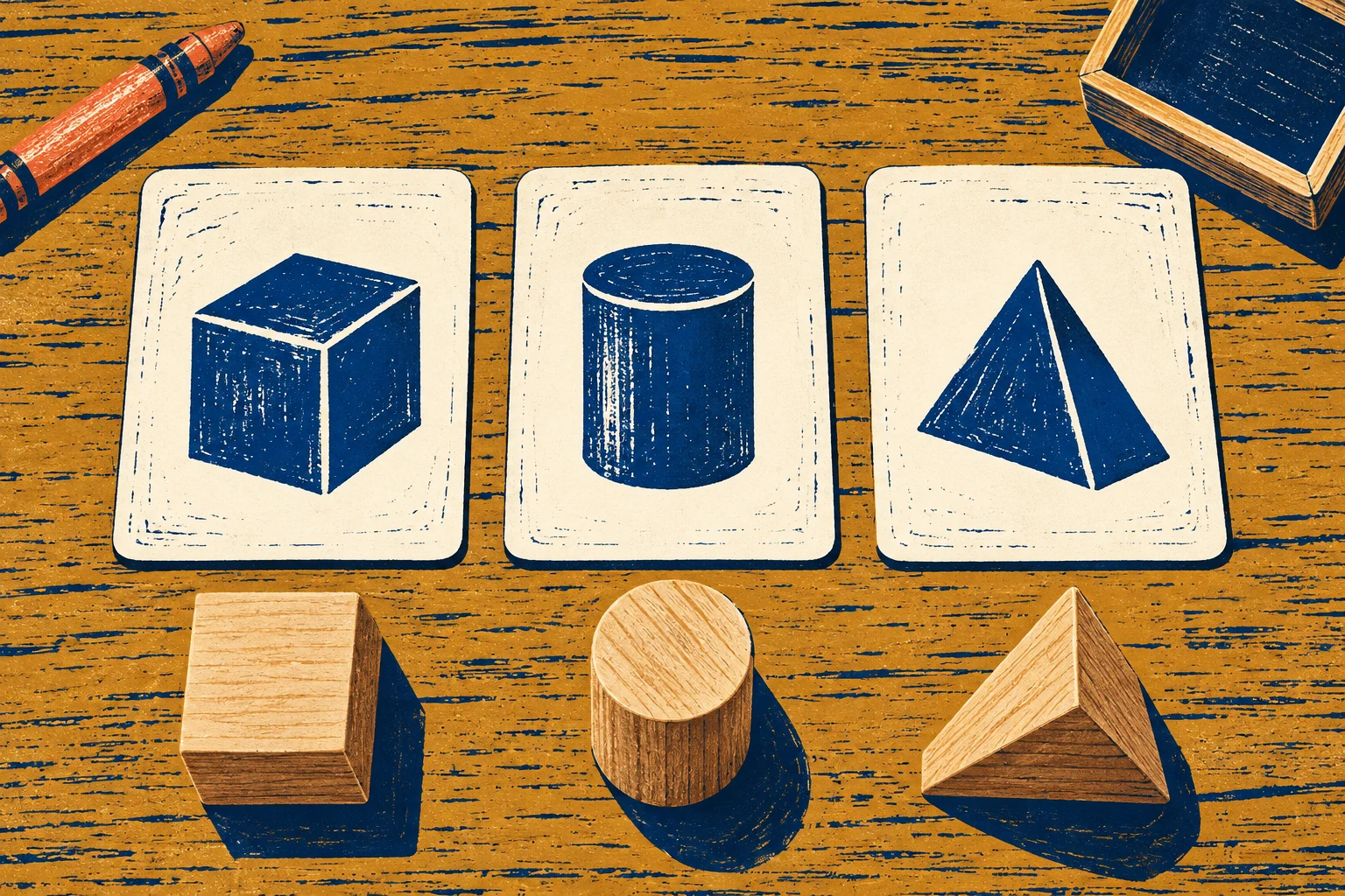 Three cards show a cube, cylinder and pointed solid, with corresponding wooden forms below them.