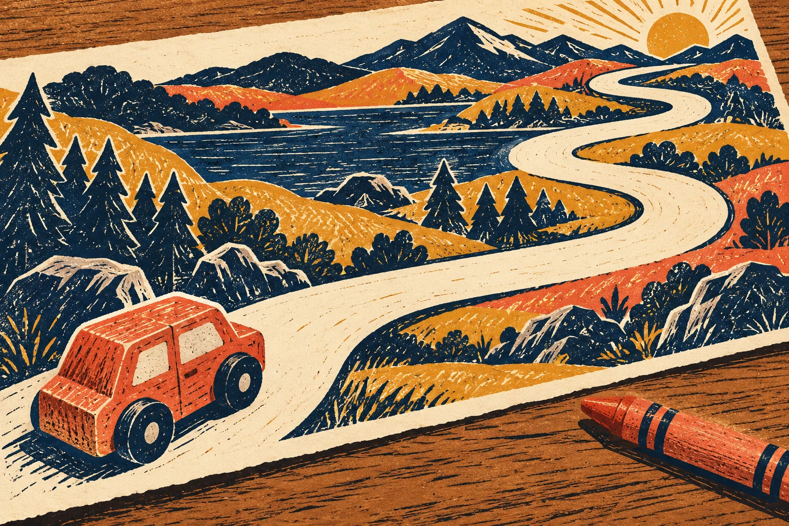 A red toy car rests at the beginning of a winding paper road through a drawn mountain landscape, beside a broad crayon.