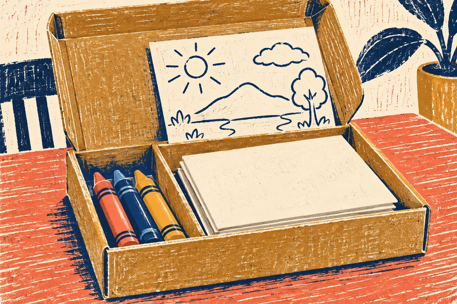 An open divided cardboard box holds three broad crayons, blank paper and a partly drawn landscape at the back.