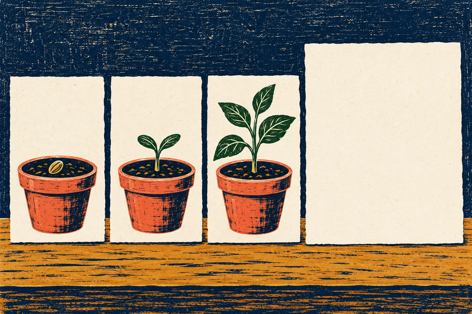 Three plant cards show a seed, sprout and leafy plant in similar pots, beside a blank fourth card.