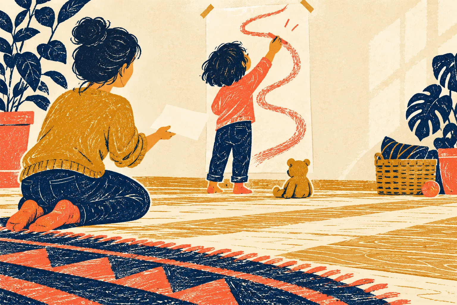 A parent kneels in the lower-left foreground while a child stands centrally making a winding red mark on upright paper.