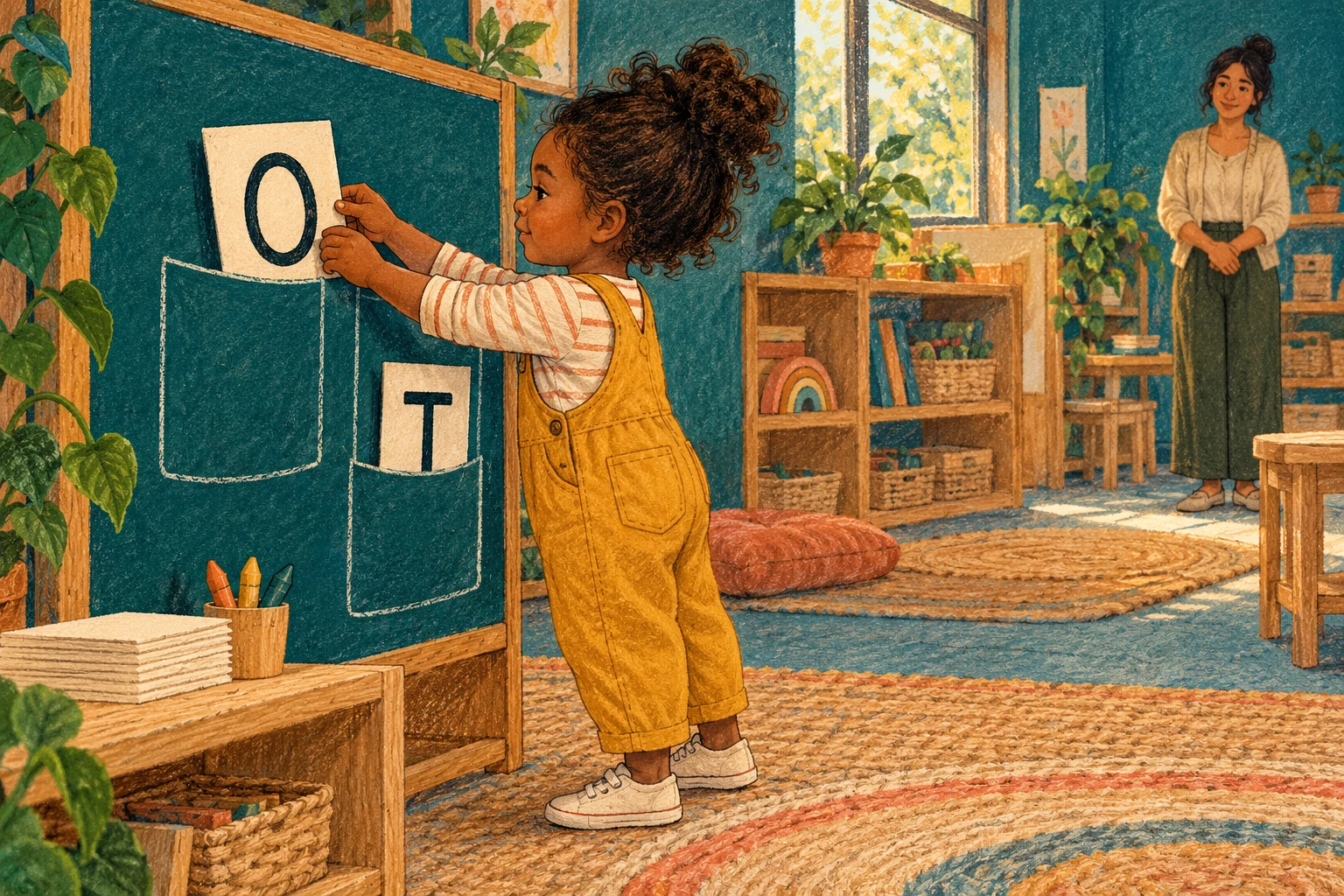 A child in mustard dungarees holds an O card above a display pocket, with a T card nearby and an educator watching from the upper right.
