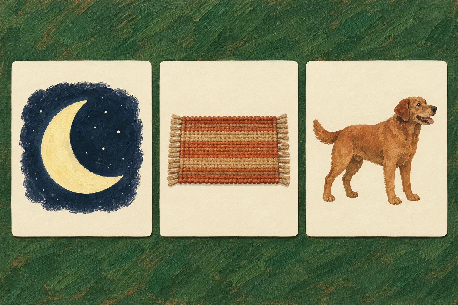 Three cream cards show a crescent moon, a fringed floor mat and a whole brown dog against a green background.