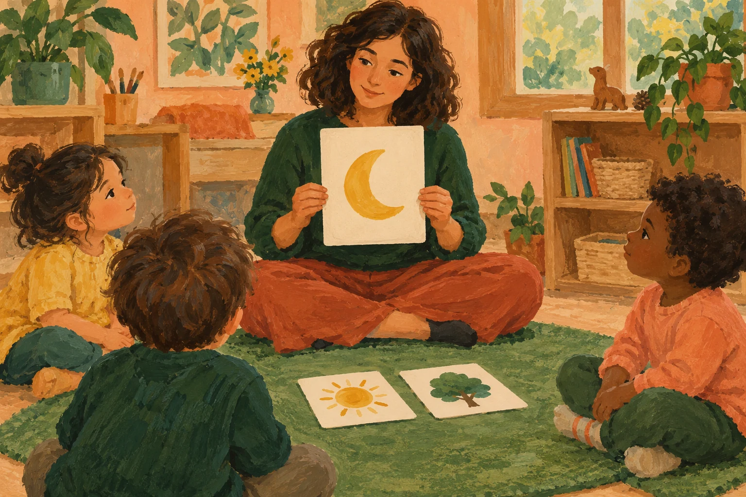 A teacher seated centrally holds a moon picture while three children listen from the left, foreground and right of a floor circle.