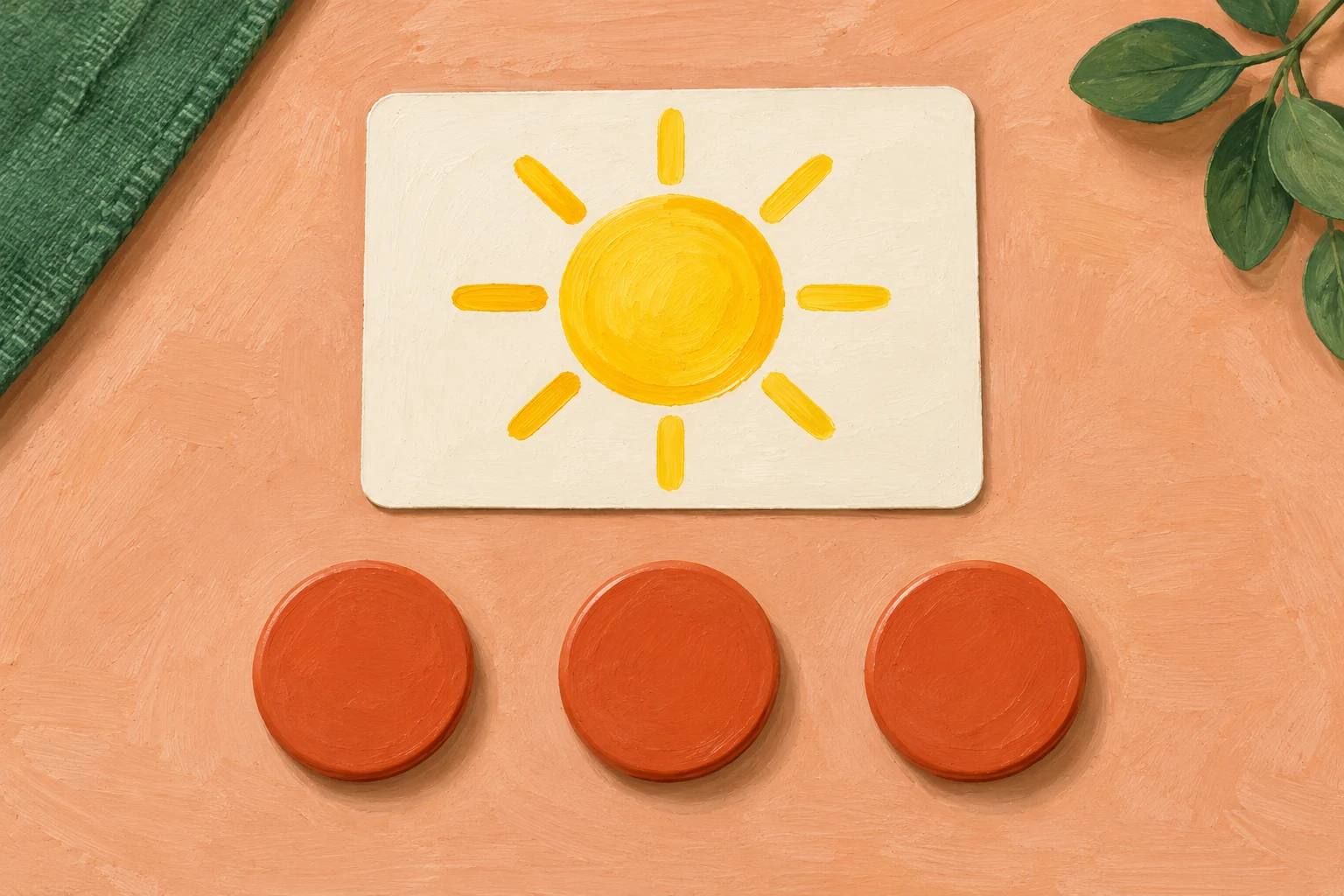 A sun picture sits above exactly three large terracotta counters arranged in one horizontal row.