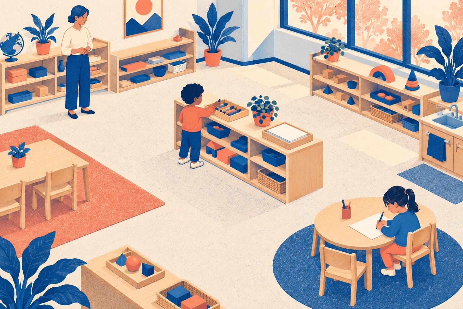 A cobalt-and-coral classroom scene shows a teacher at upper left, a child returning a crayon centrally and another working at a lower-right table.
