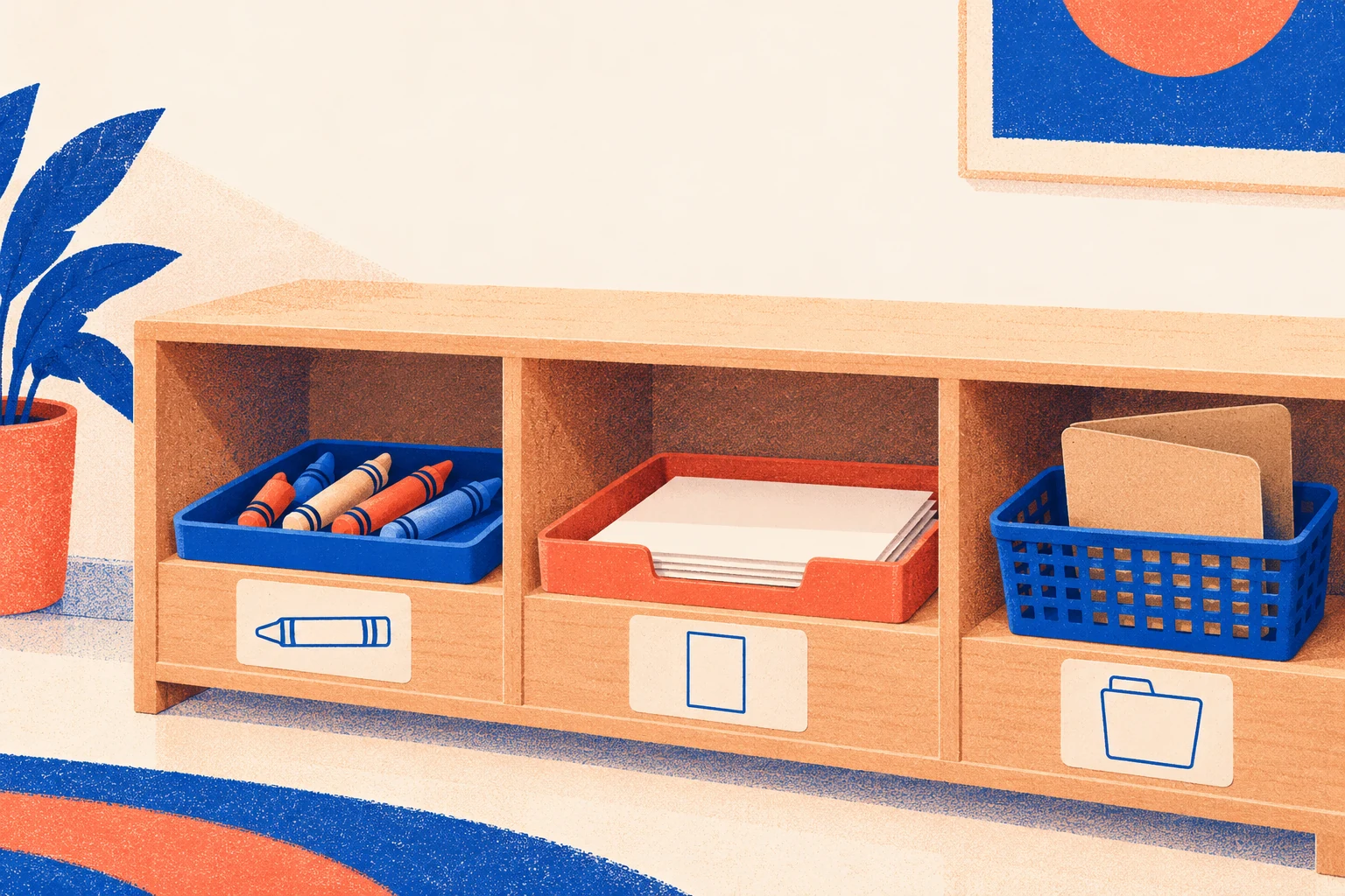 A low shelf has three separate compartments holding crayons, loose paper and a folder, with matching object pictures on its front.