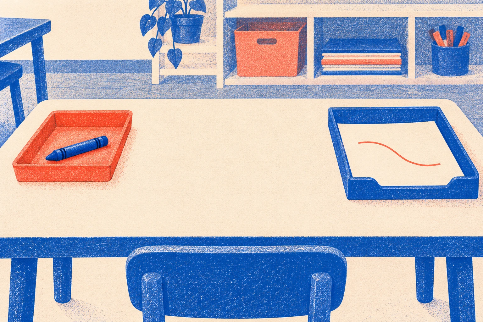 A blue crayon rests in a coral tray at left, and a sheet with one curved mark lies in a separate blue tray at right.