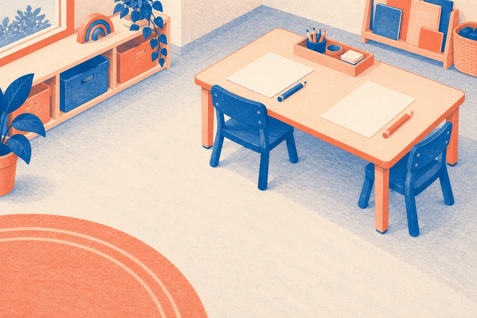 A small table has two chairs, two blank sheets and one large pencil beside each sheet, with clear floor space nearby.