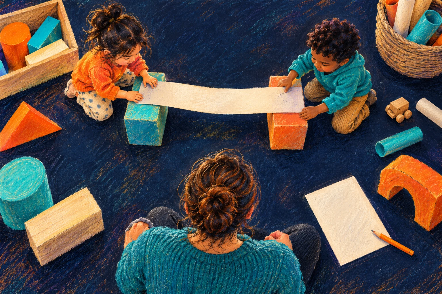 A shared question on the workshop floor Two children at the upper left and right hold a paper bridge while an adult watches from the bottom centre.