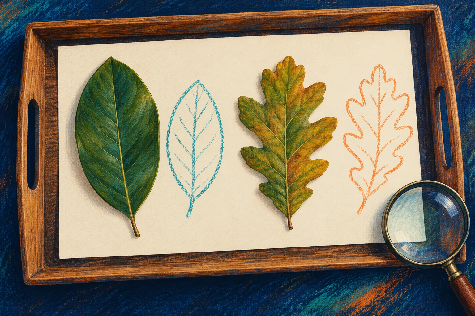 Look for details before naming the leaf An oval leaf and a lobed leaf lie beside their coloured outlines and a magnifier on a wooden tray.