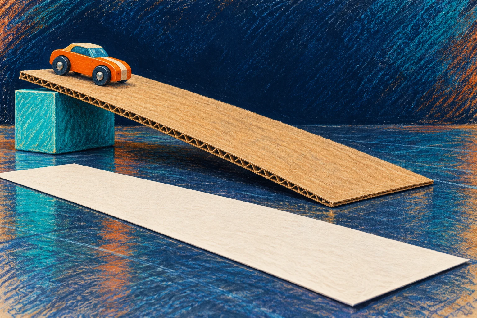 A consistent start for a rolling comparison An orange toy car rests on a broad cardboard ramp supported by one low block beside a blank recording strip.