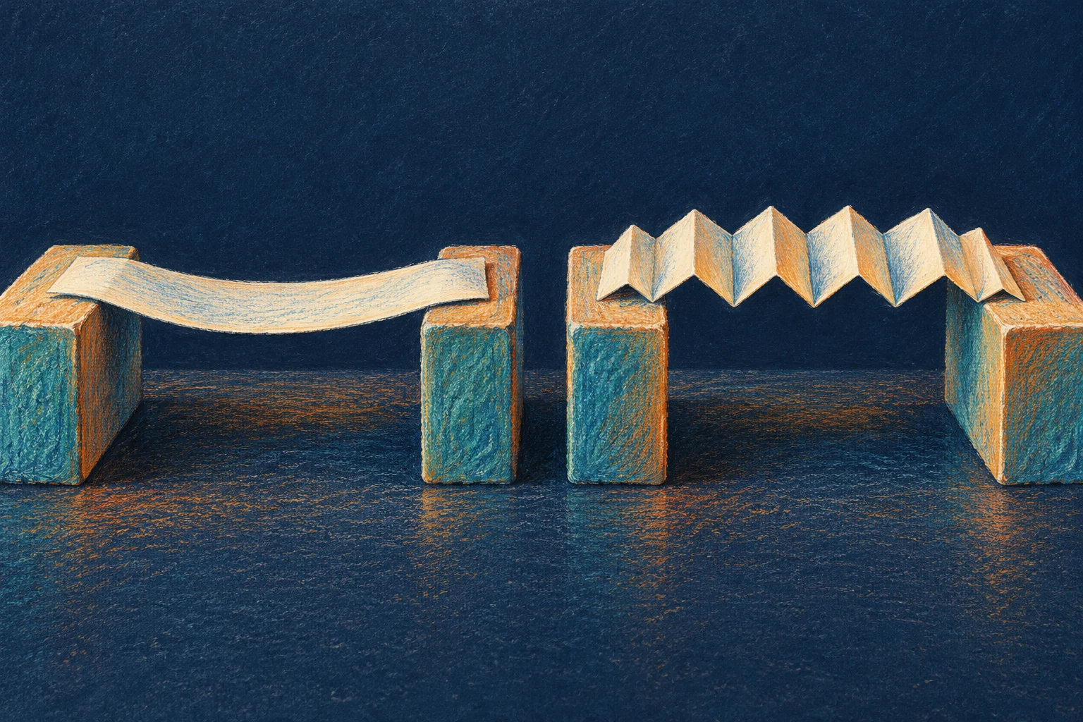 Compare a flat strip with a folded strip A flat paper strip sags between two blocks beside an accordion-folded strip spanning a second gap.