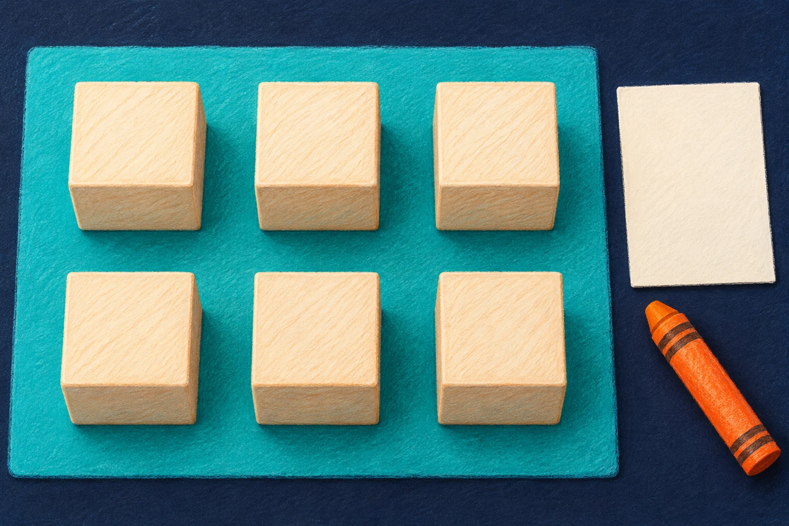 Keep the selected collection visible Six cream blocks sit in two rows of three on a turquoise mat beside blank paper and an orange crayon.