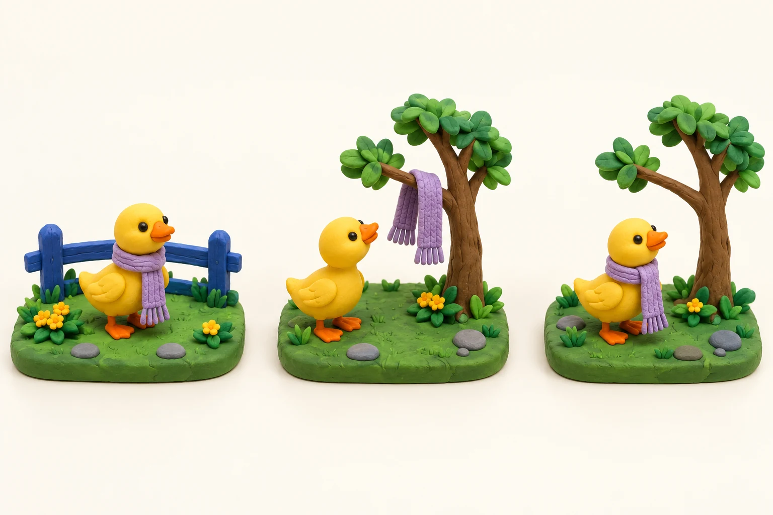 Three duck scenes show a scarf being worn, hanging on a branch, and being worn again beside the tree.