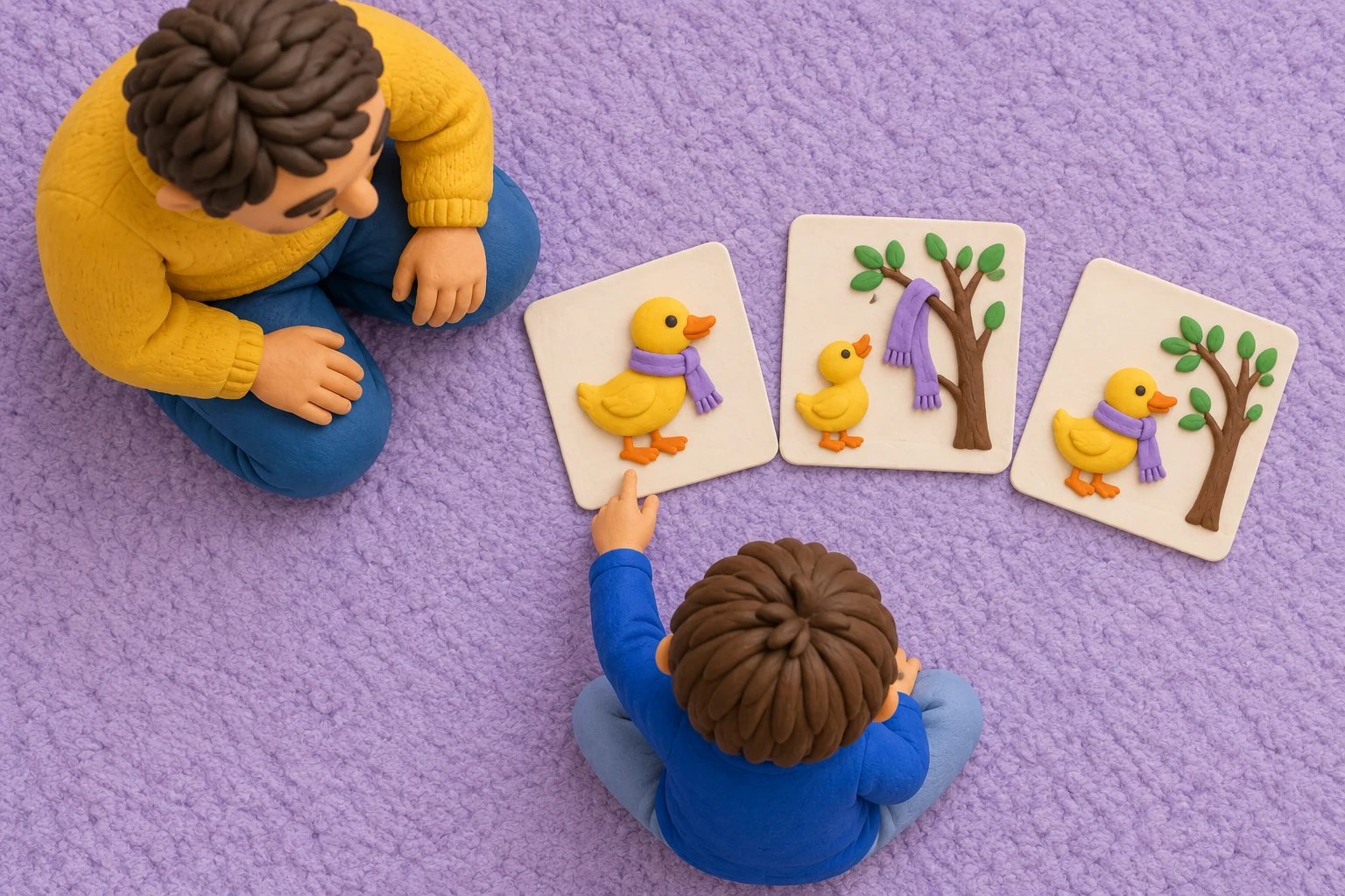 Seen from above, a child at the bottom of a rug points to duck story cards while a father kneels at the upper left.