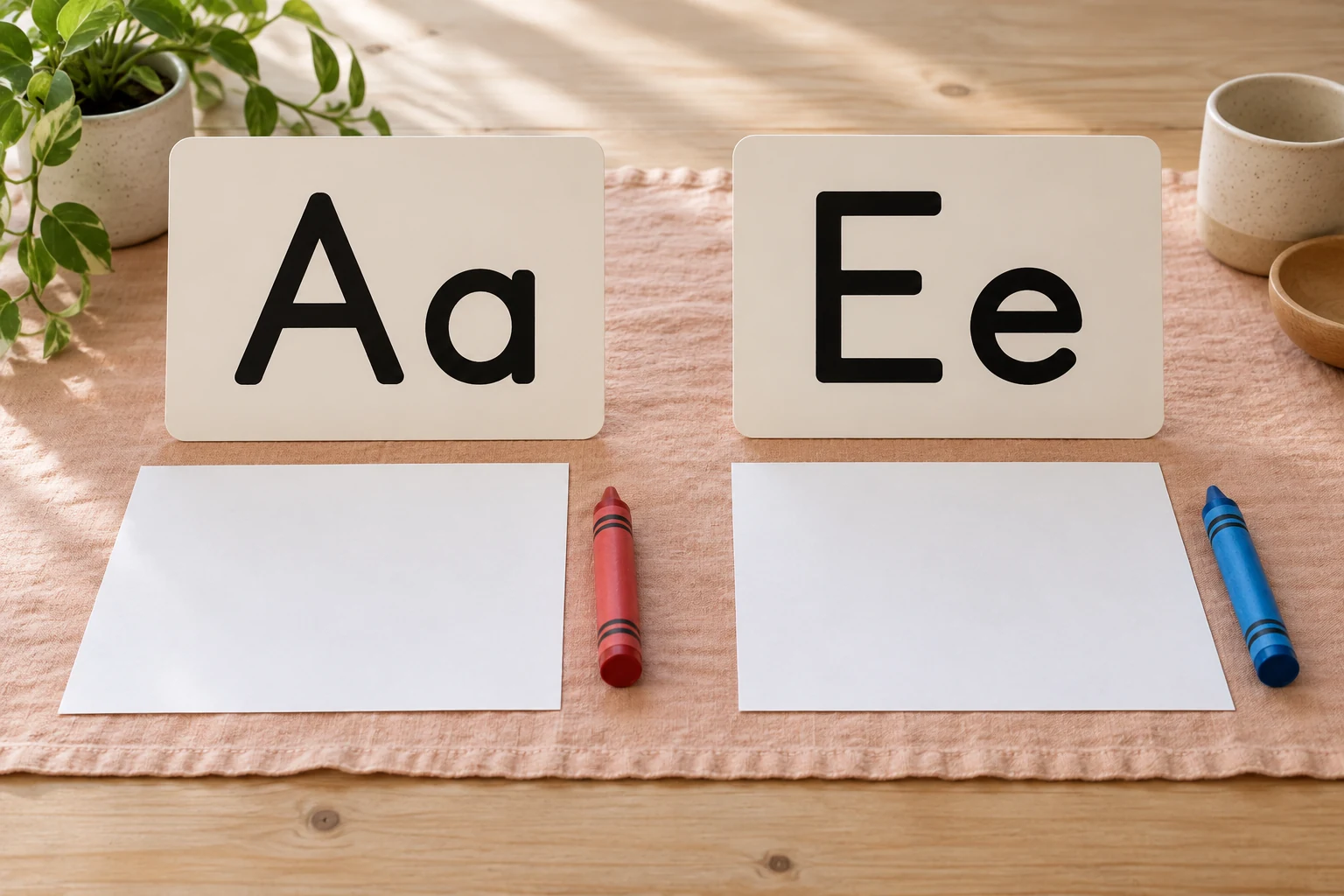Choose the form currently being taught Two cards display Aa and Ee above blank practice sheets and broad crayons on peach linen.