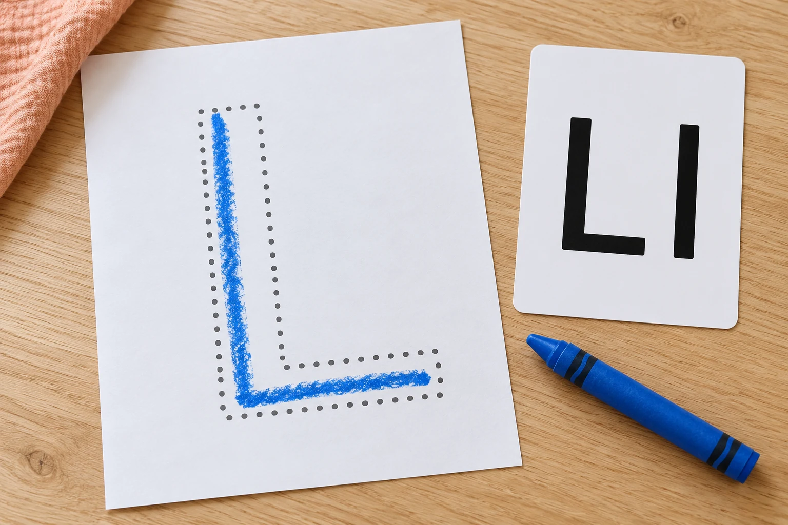 Keep the route beside a clear model A blue L follows a large dotted outline on paper beside an Ll model card and a broad blue crayon.