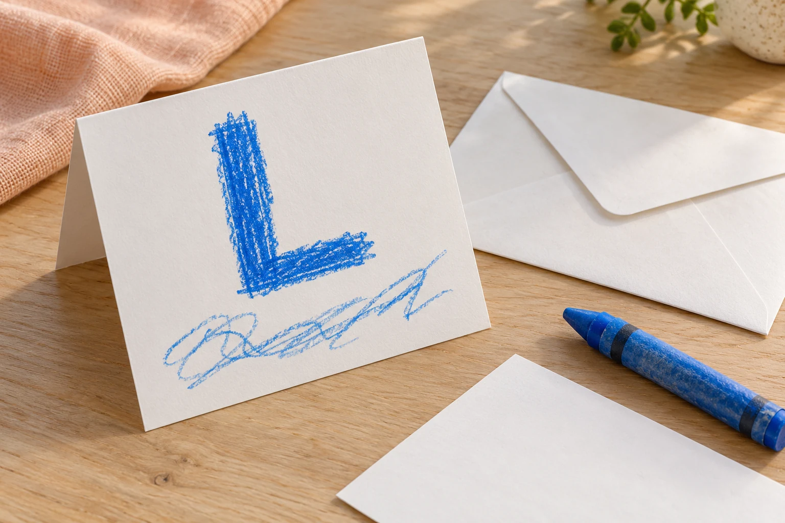 Give one familiar character a purpose A folded card bears a large blue L and loose exploratory marks beside a plain envelope and broad crayon.