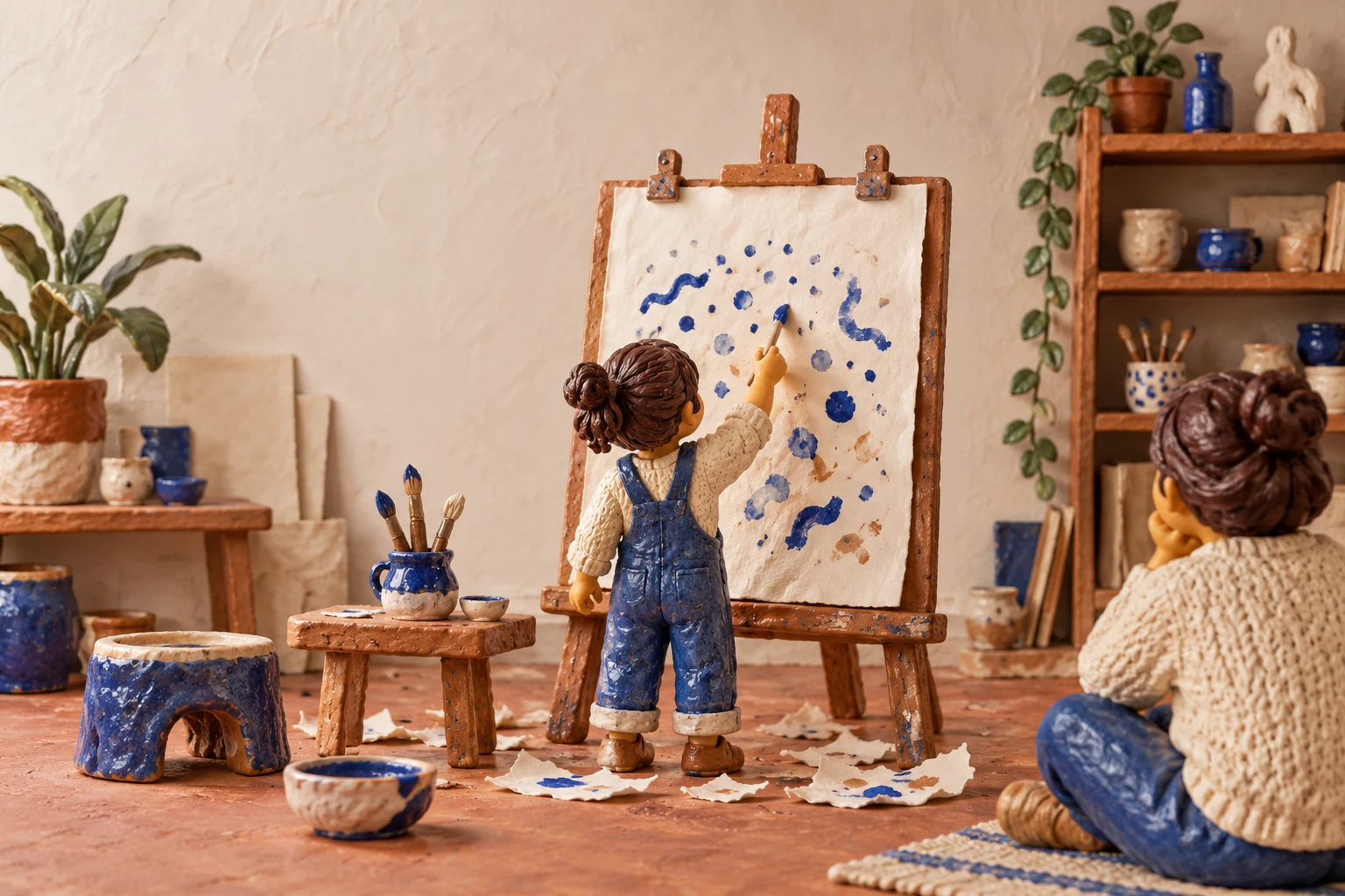 A ceramic miniature child stands at a central easel making loose blue marks while an adult sits in the lower-right foreground.
