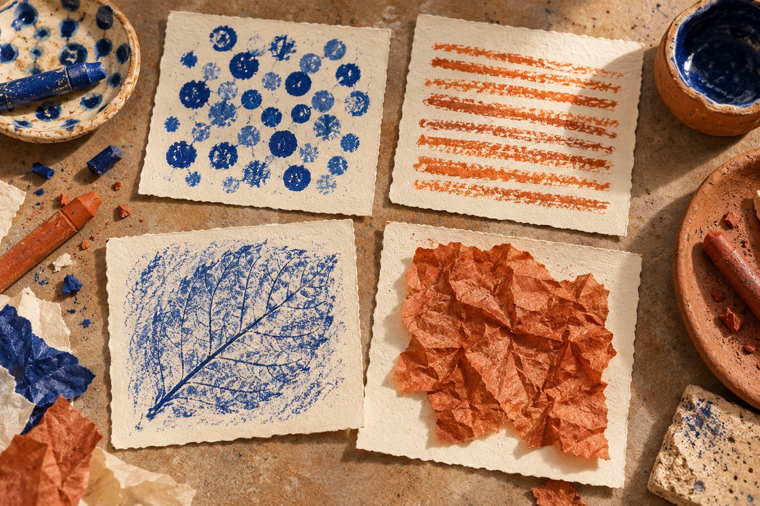 Four cream papers show blue dots, orange parallel strokes, a blue leaf rubbing and attached crumpled orange paper.
