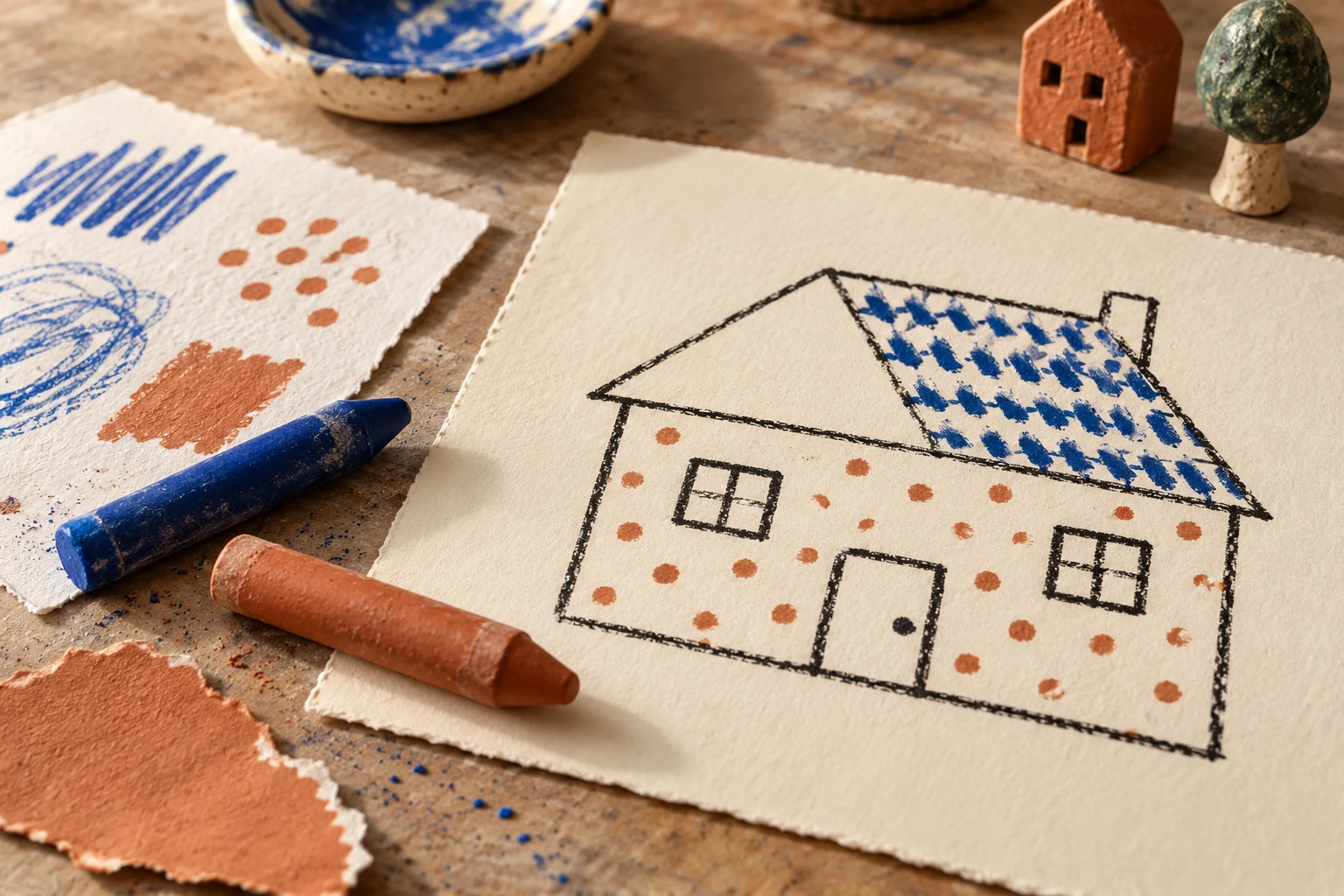 A simple house drawing has short blue roof marks and orange wall dots, beside broad crayons and a separate exploratory sheet.