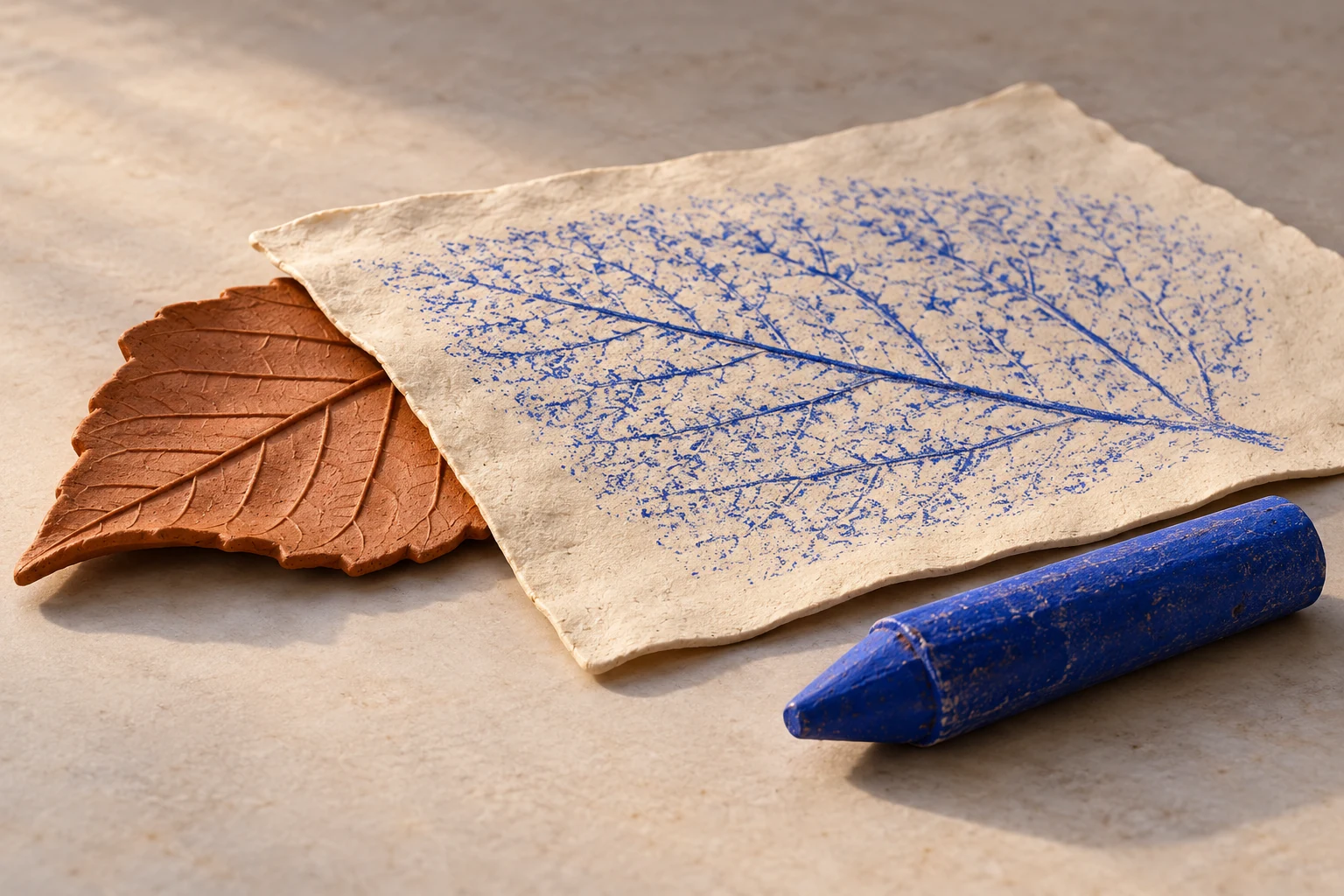A blue leaf-vein rubbing appears on cream paper above a partly visible terracotta leaf, with a broad crayon resting beside it.