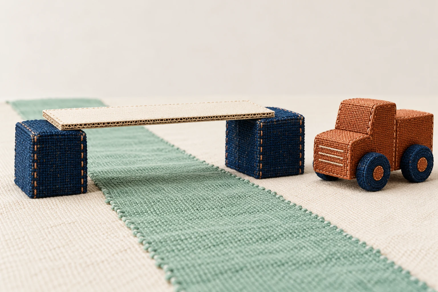 Two indigo block supports hold a flat cardboard span above a mint fabric strip, with a copper toy truck beside the bridge.