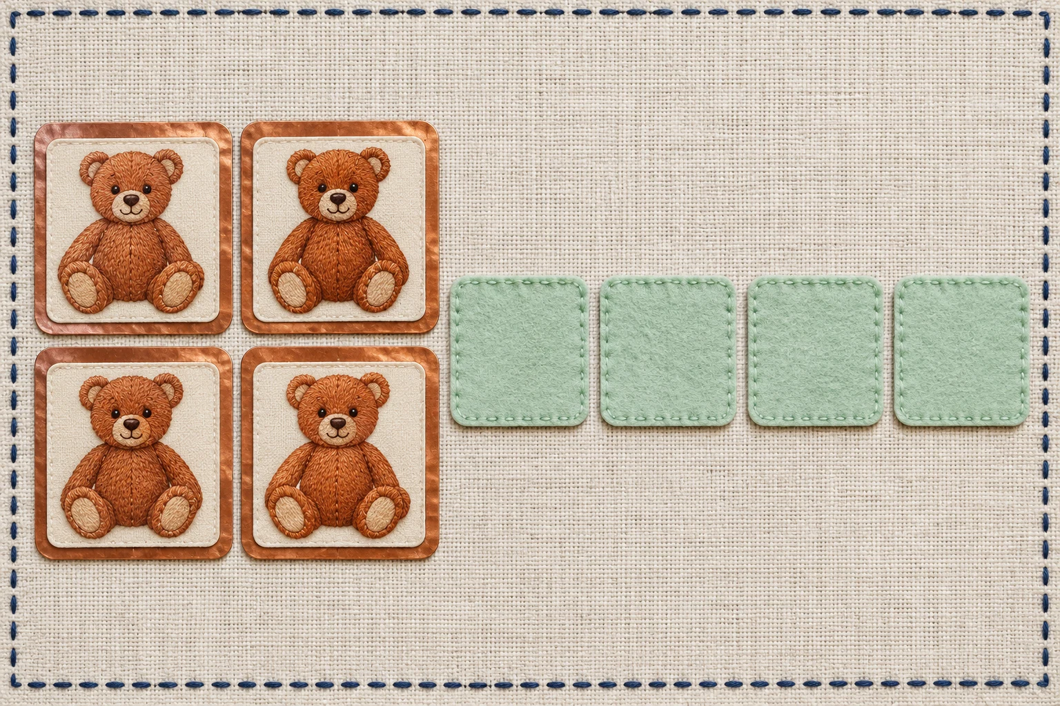Four teddy picture cards form a two-by-two square beside four separate mint mats in a row.