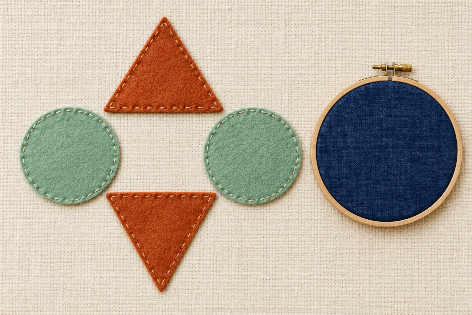 Two mint circles and two copper triangles lie beside an empty indigo fabric hoop on woven ivory cloth.