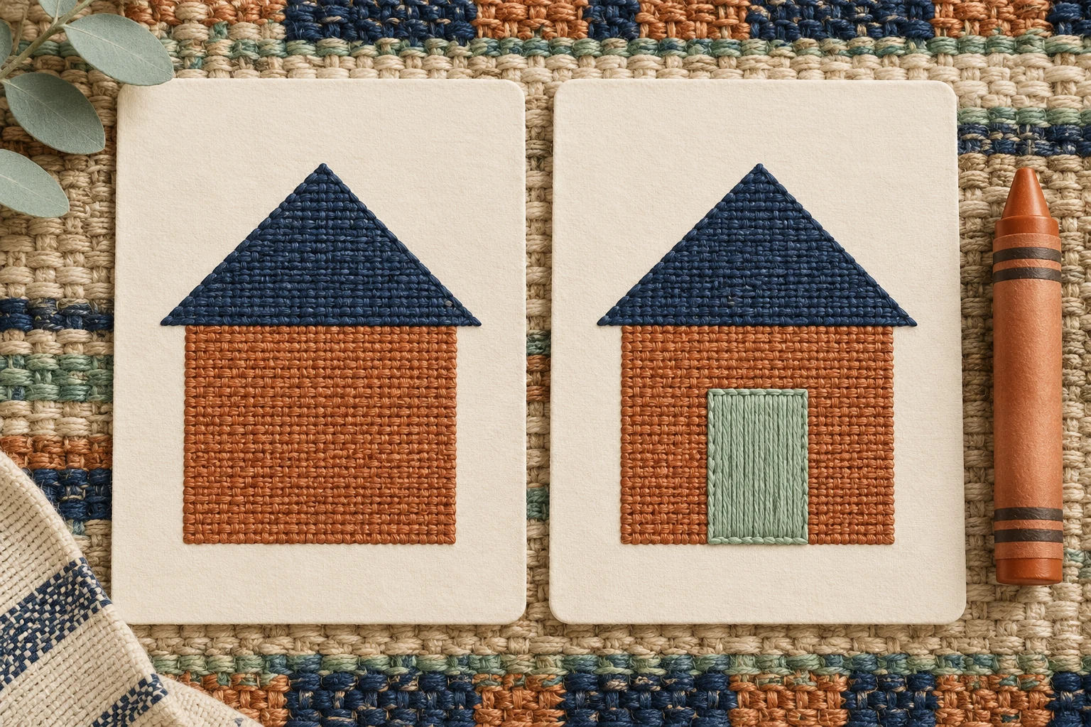Two cream cards show similar roof-and-body house shapes; only the right-hand house has a mint door.